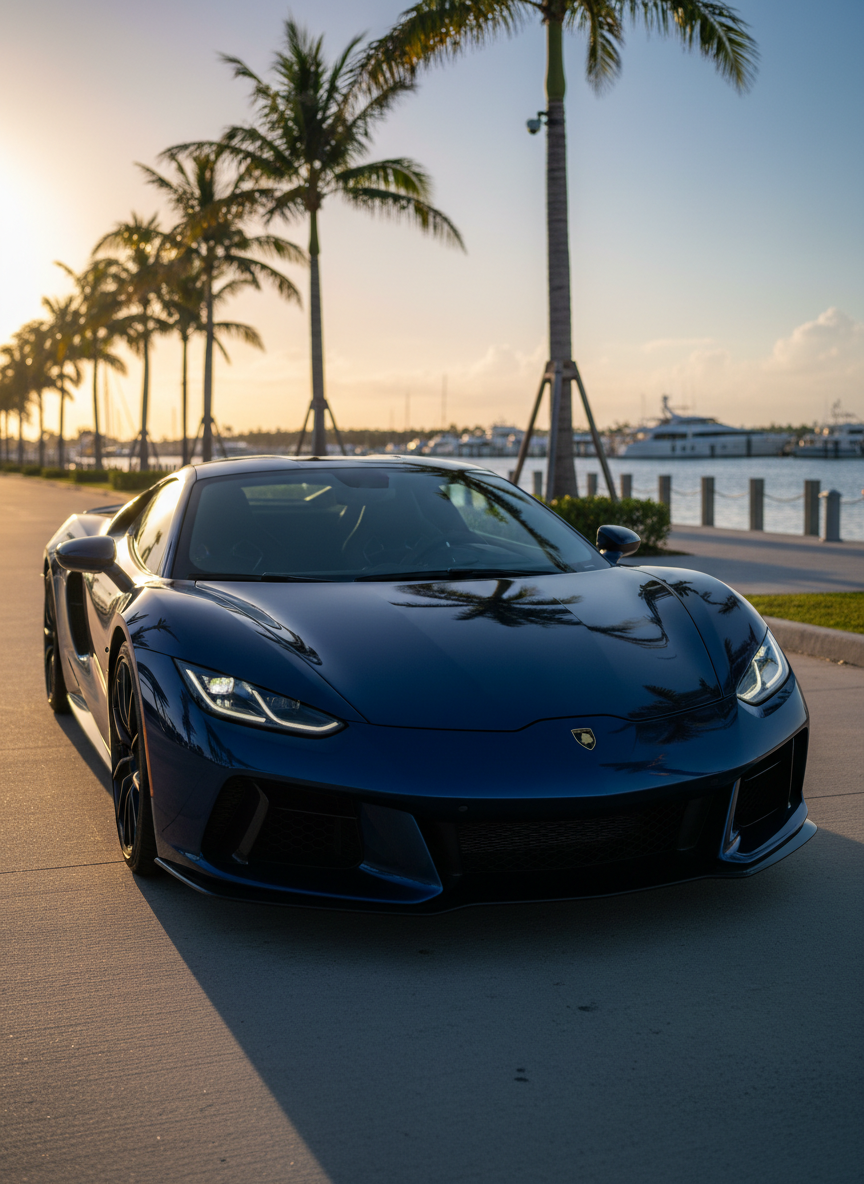 A low, dynamic shot of a gleaming performance sports car parked near the Jupiter waterfront, its metallic paint a deep, reflective midnight blue with razor-sharp body lines. The car is angled three-quarters toward the camera, emphasizing its aggressive front fascia and sculpted side panels. Subtle reflections of palm trees and a distant marina flow across the glossy surface. Late afternoon sunlight creates dramatic highlights along the fenders and a clean, defined shadow beneath the car. The background is tastefully blurred for a professional, photographic realism, with the composition following the rule of thirds. The overall mood is bold, energetic, and contemporary, showcasing high-end automotive photography in a clean, editorial style.
