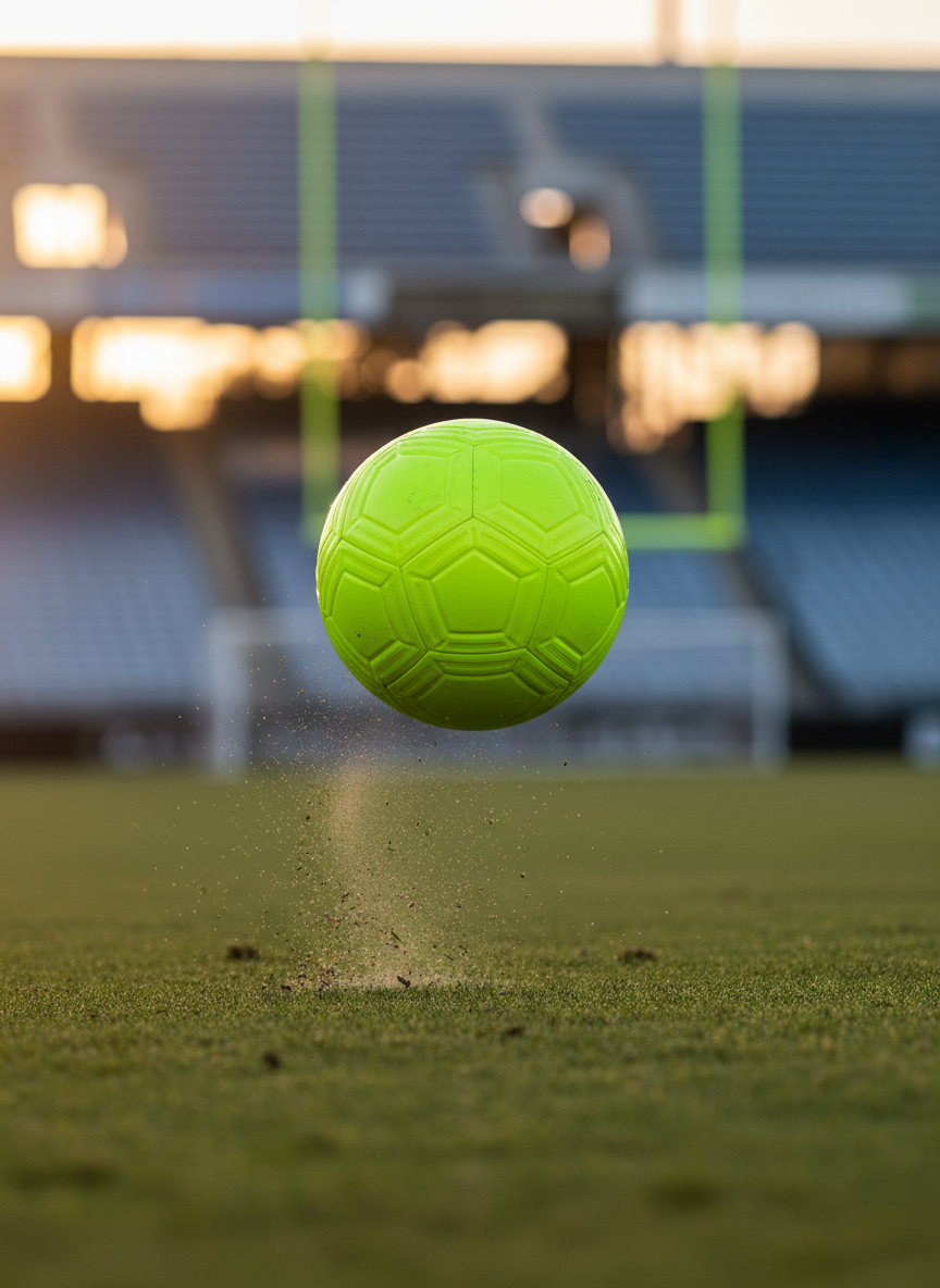A frozen-action photographic realism scene focusing on a bright lime-green soccer ball mid-air above a manicured grass field, captured at the peak of its arc. Tiny blades of turf and a fine spray of dirt are sharply detailed near the ball, while the background stadium seating and goalposts in Jupiter, Florida are softened into creamy bokeh. Late afternoon golden light rakes across the ball’s textured panels, creating crisp highlights and a subtle motion blur trail behind it. Shot from a low-angle telephoto perspective, the composition feels fast and energetic, with a youthful, professional sports photography vibe that emphasizes precision timing and dramatic, split-second capture.