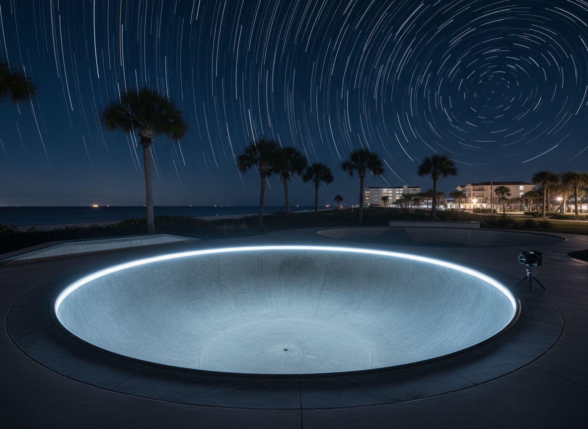 A dramatic night-time long-exposure shot of the Jupiter, Florida coastline with an empty, illuminated skatepark bowl as the focal point. The smooth concrete surface glows under clean white LED lights, revealing subtle scratches and tire marks that add texture. In the background, distant palm trees and low buildings are rendered as soft silhouettes against a deep indigo sky, with faint star trails curving above. A compact mirrorless camera on a small tripod stands at the lip of the bowl, outlined by a slim rim light. Photographic realism with a wide-angle composition, strong leading lines guiding the eye into the bowl. The atmosphere is creative, edgy, and youthful yet professionally executed, showcasing custom urban sports photography potential.