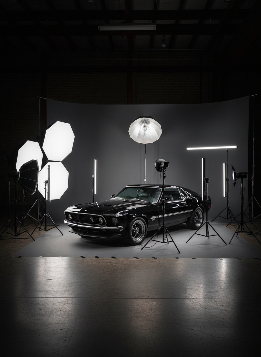 A custom photography setup arranged in an industrial-style studio space, featuring a glossy black classic muscle car positioned on a clean concrete floor. Around it, professional strobes with softboxes and strip lights are carefully aligned, their matte black stands forming graphic lines. A large seamless dark gray backdrop curves behind the car, allowing the polished chrome bumpers and wheels to pop. Controlled studio lighting creates precise reflections along the car’s flanks and a bright, crisp highlight on the hood, while the environment fades into soft shadows. Photographic realism, captured from a slightly elevated three-quarter view to show both the lighting design and subject. The mood is meticulous, modern, and high-end, emphasizing custom, crafted shoots.